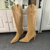 Slip On Winter Long Booties Sexy Pointed Toe Flannel Boats Embroidered Leather Knee-High Boots Women High Heels Designer Style