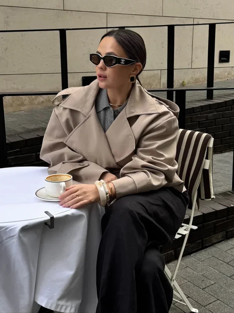 Women V-neck Lapel Belt Trench Coat Fashion Lace Up Full Sleeve Button Short Thin Windbreak 2025 New Lady Daily Street Outerwear