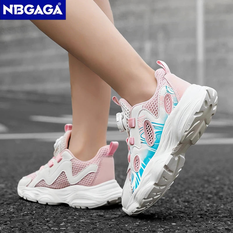 Summer Breathable Children’s Casual Shoes for Girls Rotating Button Sports Running Shoes Outdoor Fashion Flat Walking Sneakers