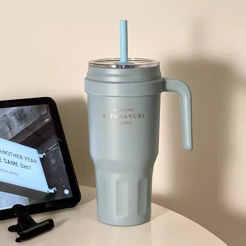 Large Insulated Water Bottle Stainless Steel Tumbler With Handle Straw Travel Gym Thermos Mug For Ice Hot Coffee Juice 1100ml