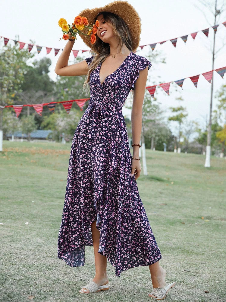 Sexy Elegant Floral Dress Summer Women Bohemian Holiday Long Dresses Green Irregular Casual Loose Bandage Sundress