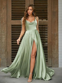 Sage Green Slip Evening Dresses Long Adjustable Straps A Line High Slit Cowl Neck Women Evening Party Dress Maxi Formal Vestido