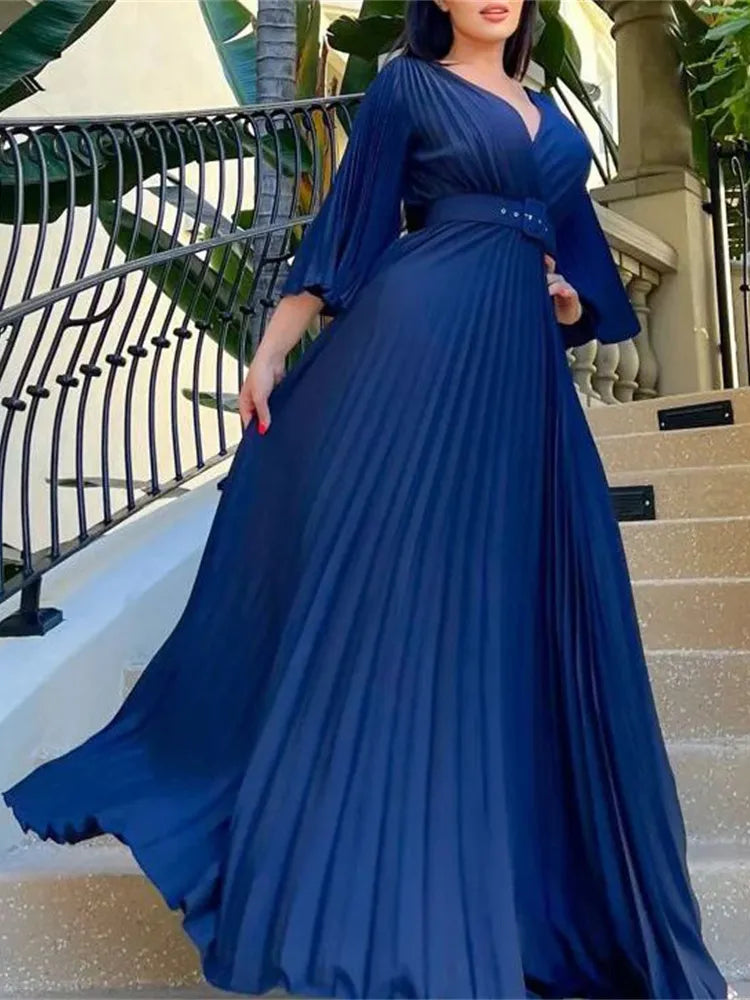 Sexy V-Neck Pleated Dinner Party Dress Women Yellow Elegant with Belt –  Mega Mart Center