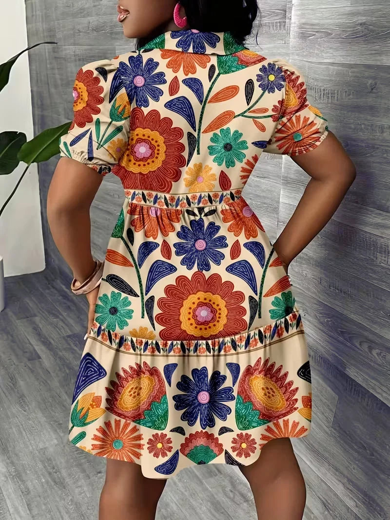 2026Women's Summer Floral Print Shirt Dress Puff Sleeve Ruffle Hem A-Line Mini Dress