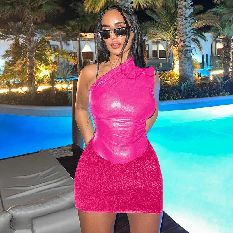 One Shoulder Backless Mini Dress Sexy Club Outfits for Women Two Piece Bodysuit Top and Fuzzy Skirt Sets C70-CI19