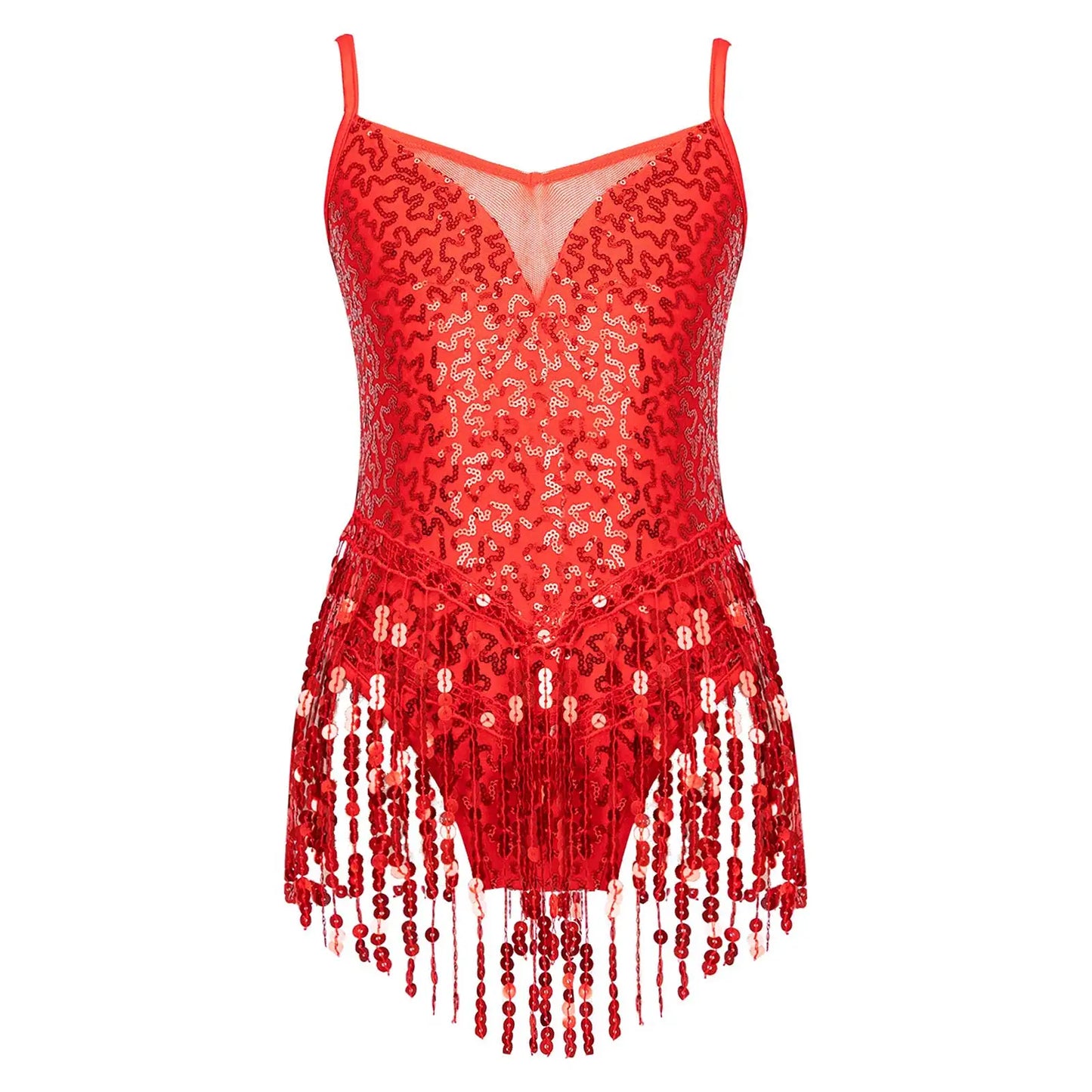 Latin Jazz Dance Dress Gym Kids Girls Shiny Sequins Tassel Fringe Mesh Ballroom Samba Tango Cha Cha Dance Leotards Rave Costume