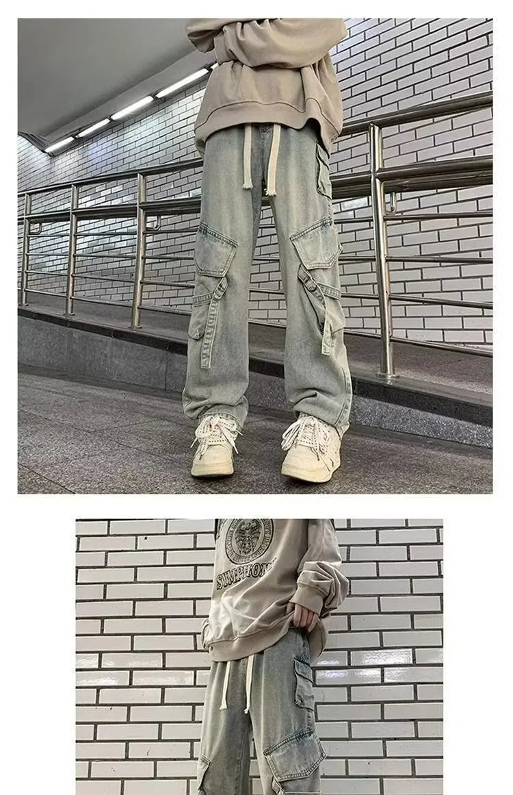 2025 Mens Workwear Jeans Multiple Pockets Loose Straight Leg Spring Autumn Wide Casual Pants  Street Fashion Long Trousers