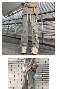 2025 Mens Workwear Jeans Multiple Pockets Loose Straight Leg Spring Autumn Wide Casual Pants  Street Fashion Long Trousers