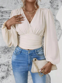 2024 Women's Spring Autumn New Fashionable Waist Collection Sexy V-neck Bag Sleeve Solid Color Wrinkled Long Sleeve Top