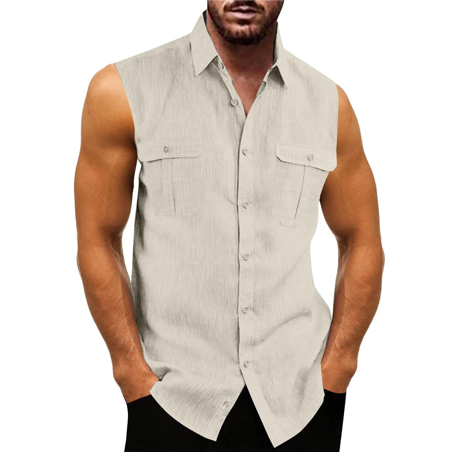 2023 Summer New Men's Shirts Solid Color Linen Cardigan Sleeveless Loose Lapel Men's Shirts Camisa