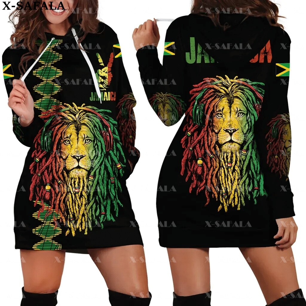 JAMAICA Emblem Country Flag New Harajuku Novelty 3D Print Autumn Hoodie Dress Women Casual Wear Long Sleeve Hooded Dress-3