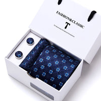 High Quality 7.5 cm Stripe Blue Tie Pocket Square Cufflinks Set For Men Gift Box Wedding Gravatas Fit Workplace