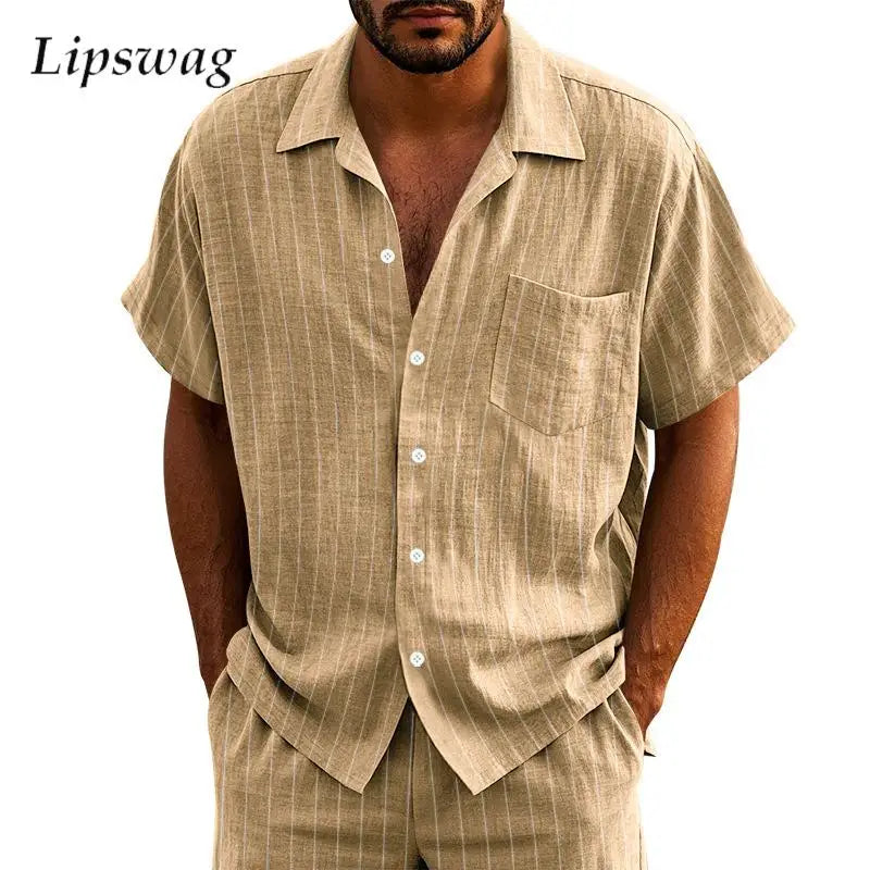 New Casual Mens Linen Shirts Summer Leisure Breathable Loose Short Sleeve Striped Shirt For Men Outdoor Fashion Button Lapel Top