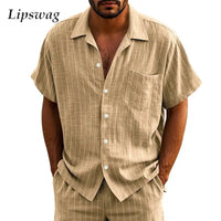 New Casual Mens Linen Shirts Summer Leisure Breathable Loose Short Sleeve Striped Shirt For Men Outdoor Fashion Button Lapel Top