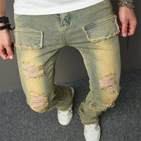Vintage Style Men Streetwear Holes Spliced Slim Jeans Trousers Hip hop Stylish Distressed Stretch Denim Pants For Male