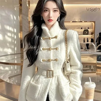 Winter Coat Women White Fashion Waistband Pocket Jacket Lambswool Coats Outwear 2025 Female Sense Design Keep Warm Overcoat
