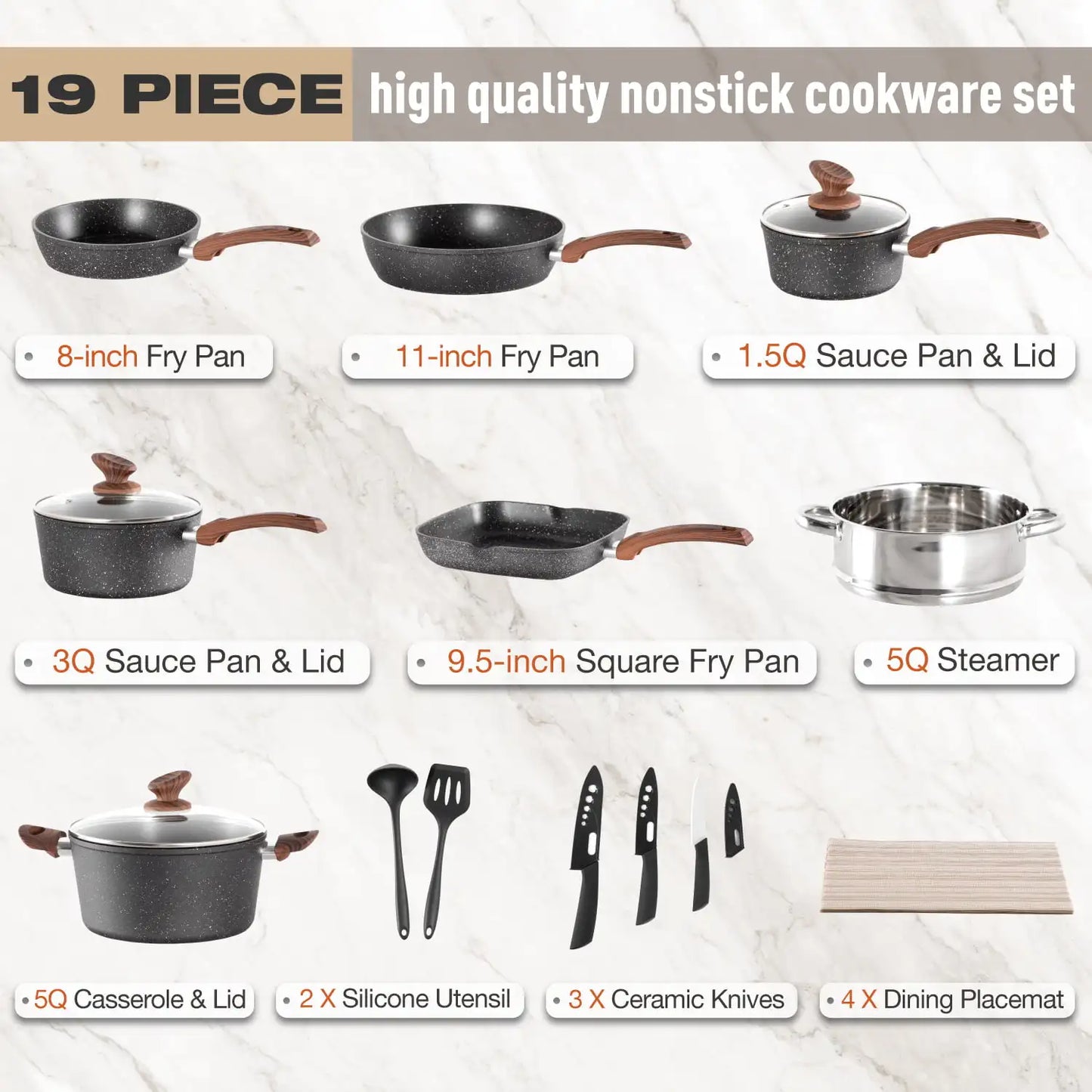 MF Studio 19 Pieces Cookware Set Granite Nonstick Pots and Pans, Black