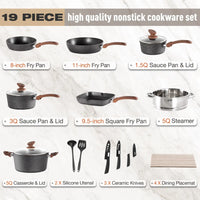 MF Studio 19 Pieces Cookware Set Granite Nonstick Pots and Pans, Black