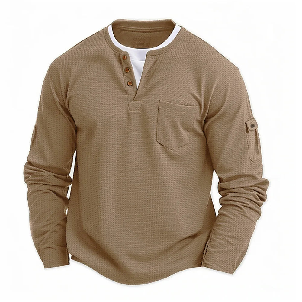 Men's New  Button Henley neck Shirt Long Sleeve Casual Button Solid color T-Shirt Fashion Waffle Cotton Fake two-piece T-Shirt