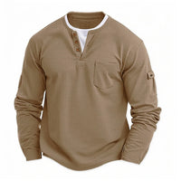 Men's New  Button Henley neck Shirt Long Sleeve Casual Button Solid color T-Shirt Fashion Waffle Cotton Fake two-piece T-Shirt