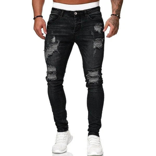 2023 Fashion Street Style Ripped Skinny Jeans Men Vintage wash Solid Denim Trouser Mens Casual Slim fit Black Blue denim Pants