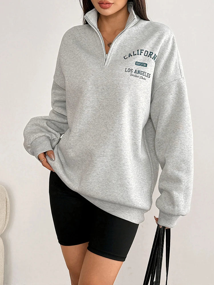 Winter New Women Coat Streetwear Fashion Long Sleeves Print Half Zipper Turn-down Collar Coat Top Casual Slim Versatile Clothing