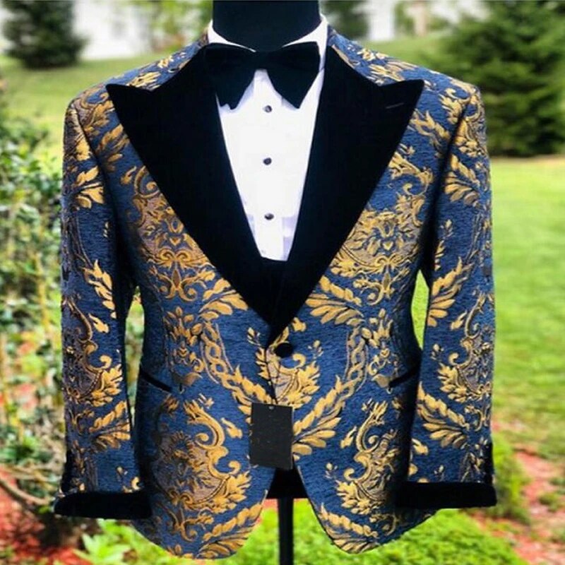 Jacquard Floral Tuxedo Suits for Men Wedding Slim Fit Navy Blue and Gold Gentleman Jacket with Vest Pant 3 Piece Male Costume