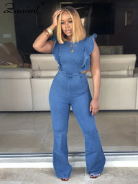 Wide Leg Denim Jumpsuit Overalls Fashion Women Sexy One Piece Ruffle Sleeveless Woman Casual Zipper Hollow Jeans Jumpsuits