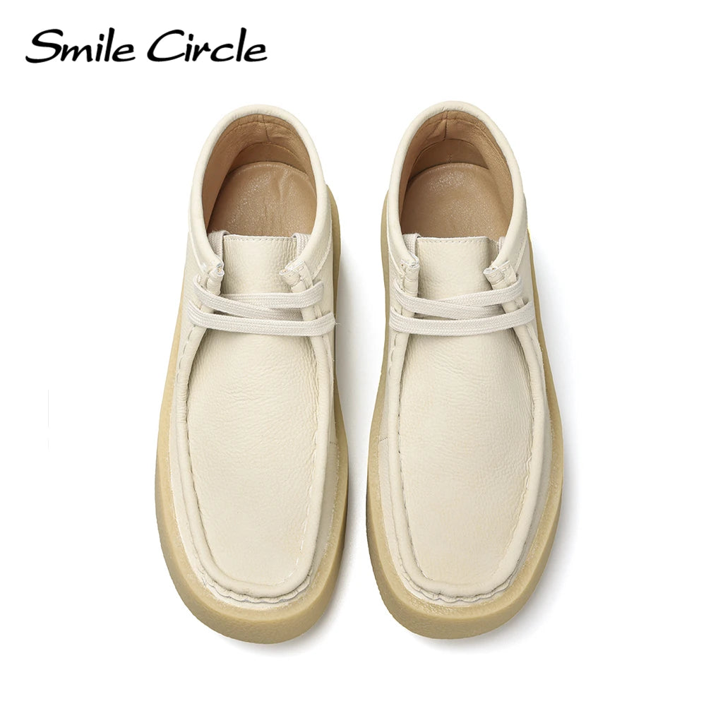 Smile Circle Wallabee Cup Ankle Boots Women Round Toe Lace-up Flat Shoes Genuine Leather Hi-top Casual Shoes