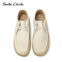 Smile Circle Wallabee Cup Ankle Boots Women Round Toe Lace-up Flat Shoes Genuine Leather Hi-top Casual Shoes