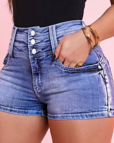 Women's Denim Shorts 2023 Summer Fashion Pocket Detail Buttoned High Waist Casual Plain Skinny Daily Above Knee Denim Shorts