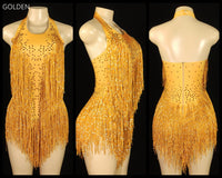 Sparkly Crystals Fringes Bodysuit Sexy Tassel Leotard Jazz Dance Costume One-piece