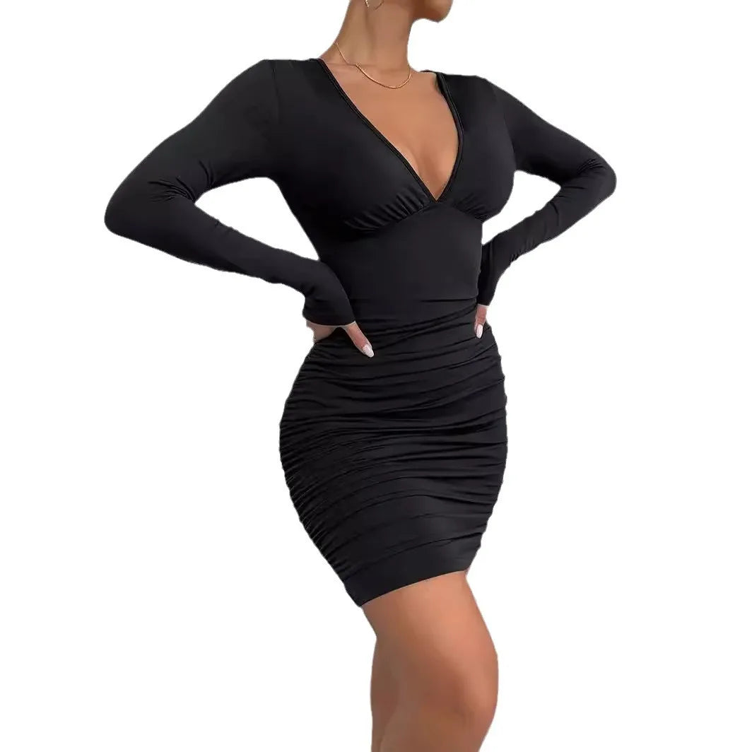 2025 cross-border foreign trade women's long-sleeved dress women's deep V-neck waist pleated sexy hip skirt cw42535