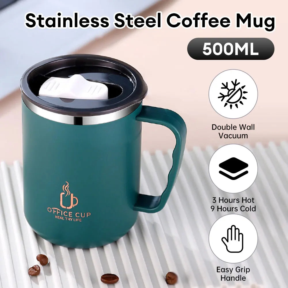 500ml Stainless Steel Water Bottle Double-layer Coffee Mug Milk Cup With Plastic Lid And Handle Insulated Cup for Traveling