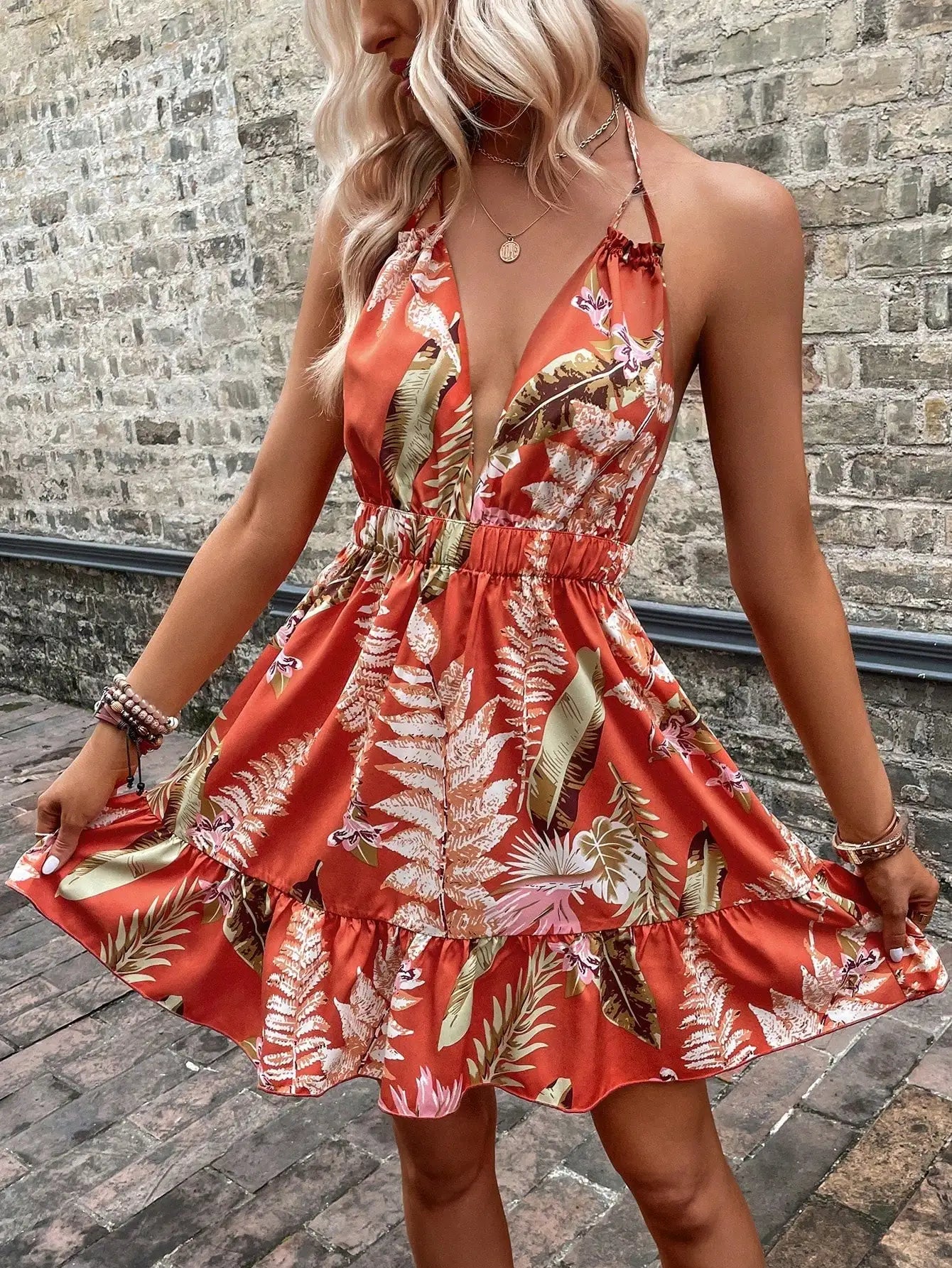Sexy deep V waist high with ruffles summer dress, tropical orange-red printed camisole dress, perfect for casual vacations.