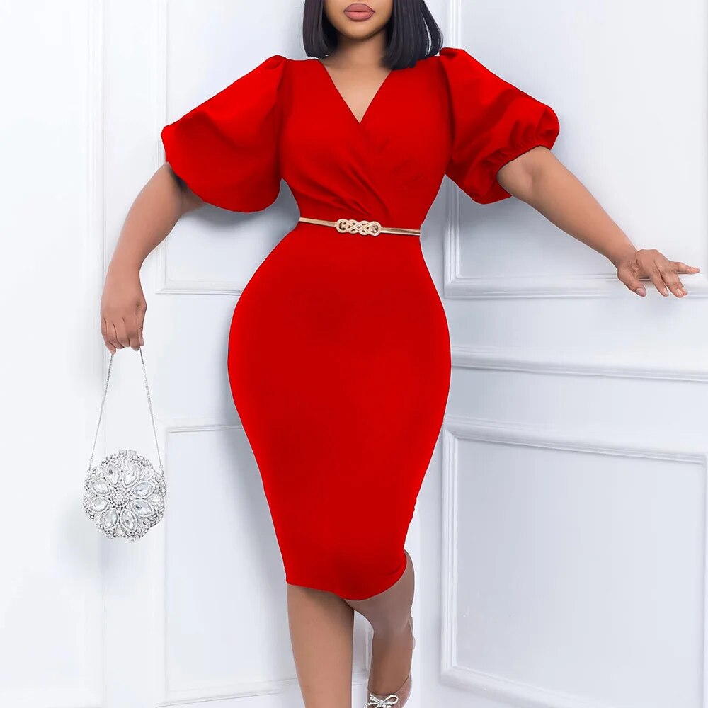 African Clothing Ladies Wear Elegant Fashion Puff Sleeve Church Dresses Women Sexy V Neck Straight Midi Dress with Belt