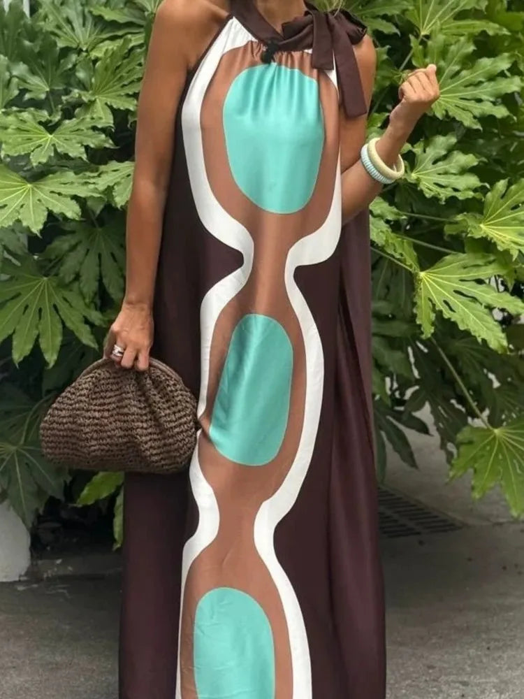 Casual Print Halter Neck Leace-up Long Dresses Women Summer New Vacation Style Loose Maxi Dress Female Vintage Commuting Vestido