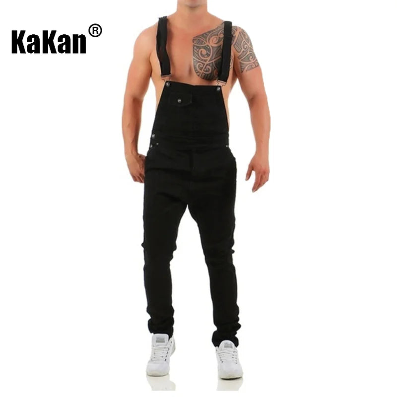 Kakan - New European and American Men's Suspender Jeans, Blue Black Torn Color Matching Jumpsuit Long Jeans K34-992