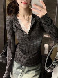 Women's Top Lace Patchwork Long Sleeve T-Shirt Base Shirt Fashion Vintage Fake Two-piece V-neck T-shirt Aesthetic Clothes