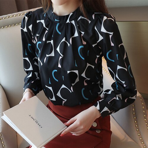 Korean Fashion Clothing Casual Long Sleeve Chiffon Blouse Women Print O-neck Blouse white black autumn tops 6053 50