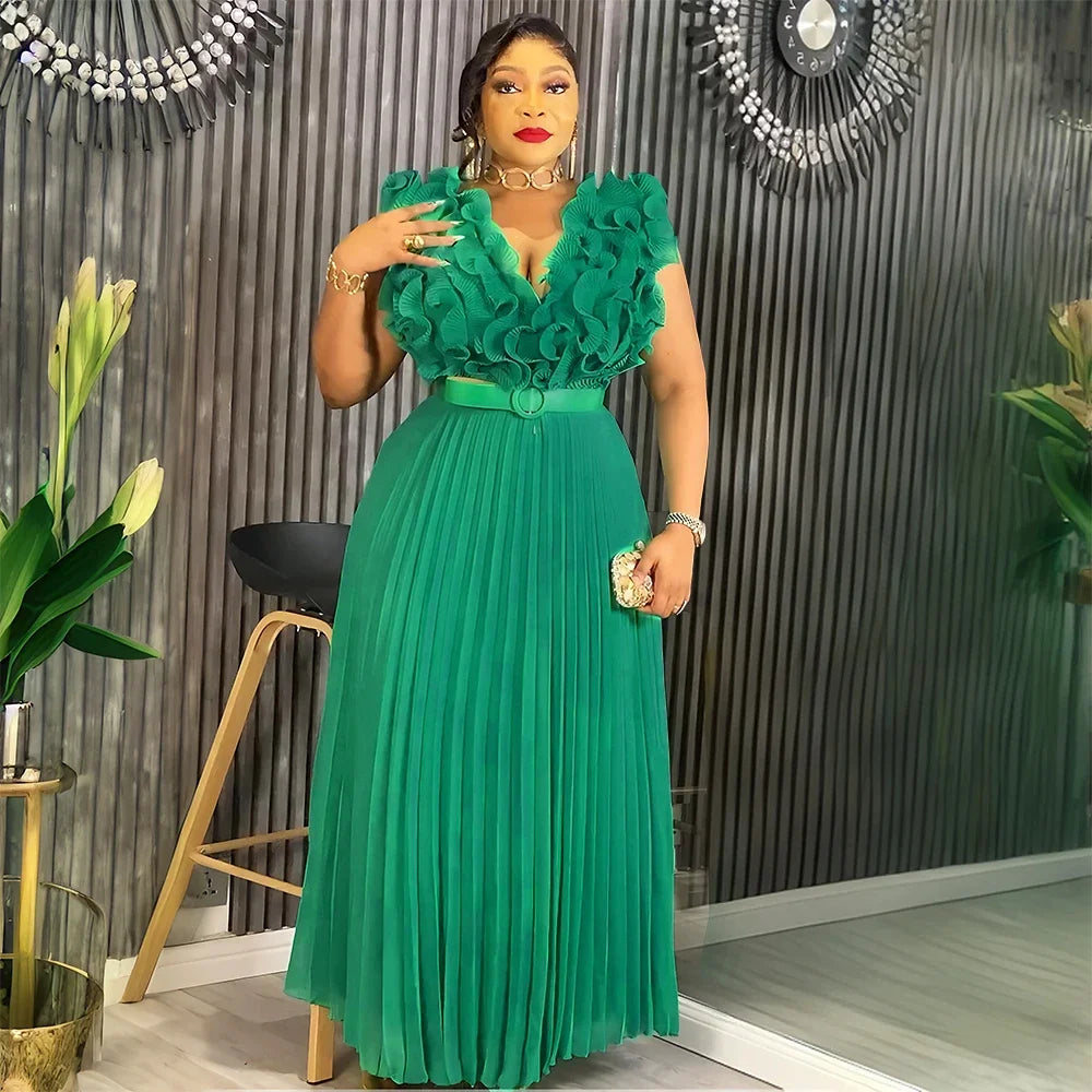 Elegant African Dresses for Women 2025 New Fashion Sleeveless Chiffon Maxi Robe Plus Size Christmas Evening Party Long Dress