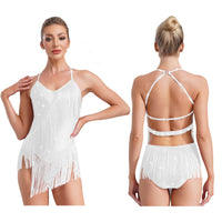 Women Latin Dance Leotard Sleeveless Halter Neck Rhinestones Adorned Backless Tassels Leotard for Performance Competition
