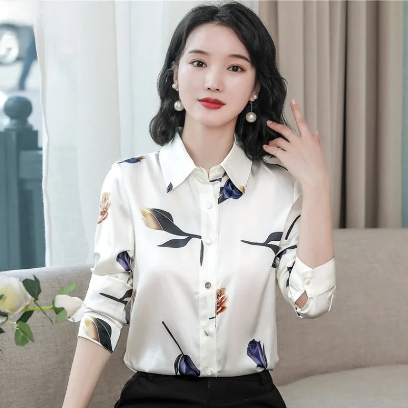 Silk Printed Long Sve  Ne Women's irt Spring 2026 Slim Fit Faion Design Korean Sle Commute Wind Floral Pattern