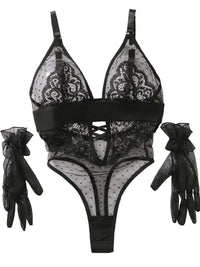 Sexy Bodysuits Polka Dot Mesh Flower Embroidery Lace Glove Backless Deep V Suspenders Sleeveless Bodysuits Charming Casual LE4A