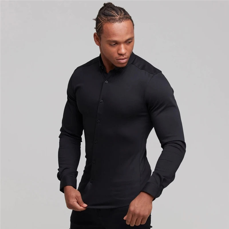 New Autumn Fashion Mens Solid Color Turn-down Collar Button Super Slim Fit Shirts Spring Long Sleeve Business Dress Shirt
