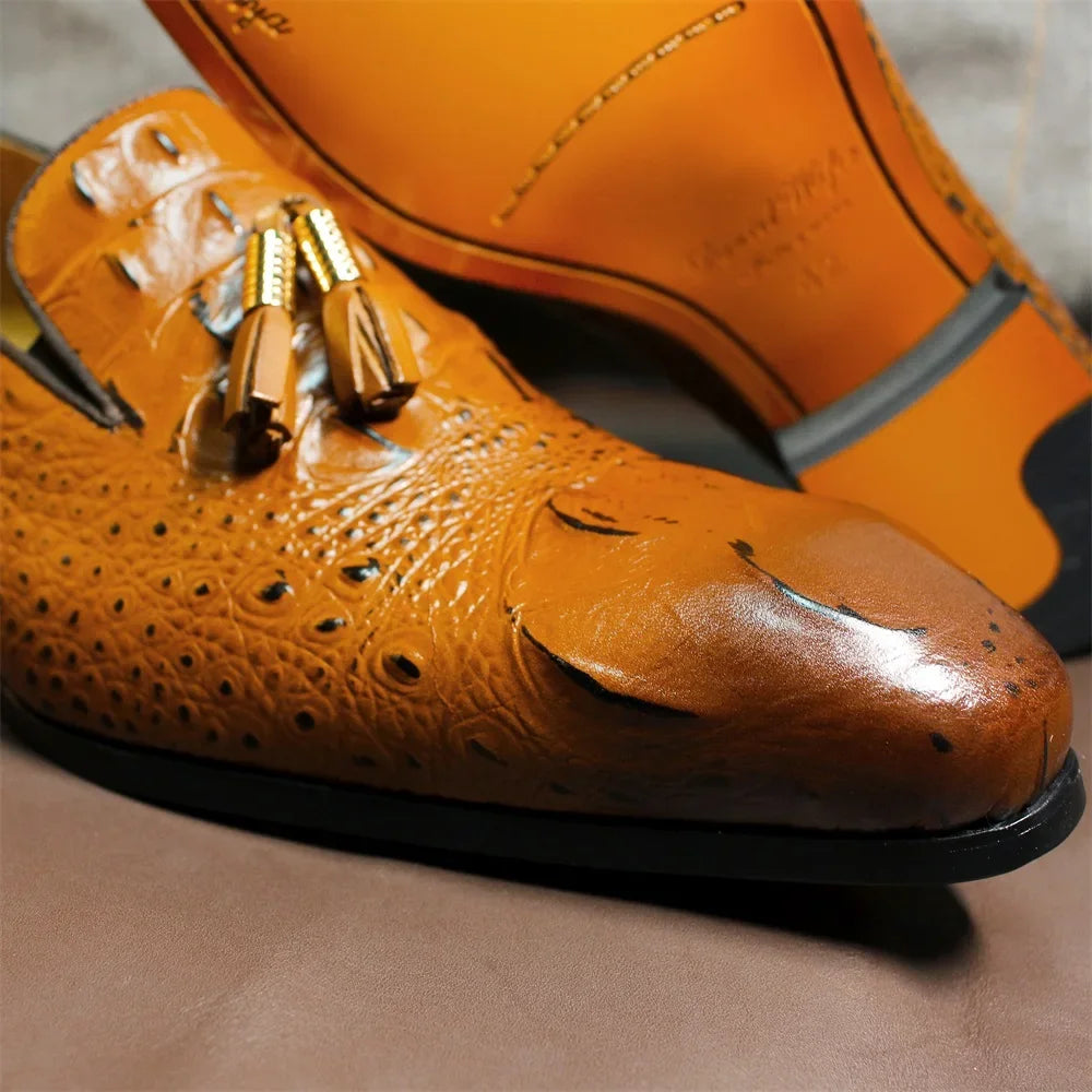 Luxury Men's Black Coffee Crocodile Print Loafers Slip-On Tassel Detail Casual Formal Dress Leather Shoes