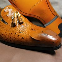 Luxury Men's Black Coffee Crocodile Print Loafers Slip-On Tassel Detail Casual Formal Dress Leather Shoes