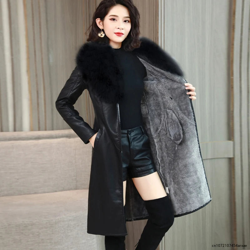 Winter Faux Fur Collar Leather Long Loose Coats Coat Female Jacket Parka Women Femme Rabbit Mink Sheepskin Fashion Fox