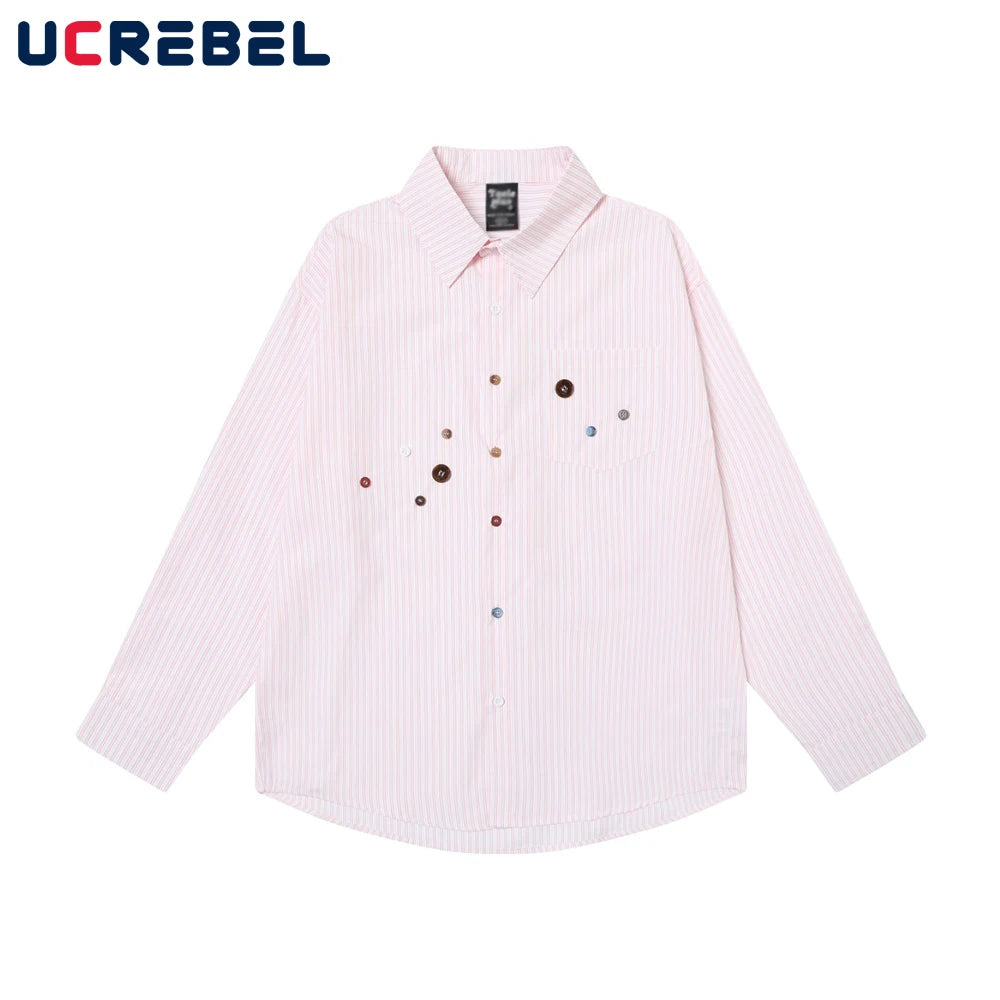 Button Decoration Striped Long Sleeve Shirts Mens High Street Autumn Single Breasted Lapel Pocket Shirts Men
