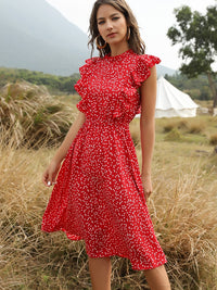 Summer Women Dress Floral Print Ruffle A-line Sundress Casual Fitted Clothes To Knees 2023 Red Dresses For Women